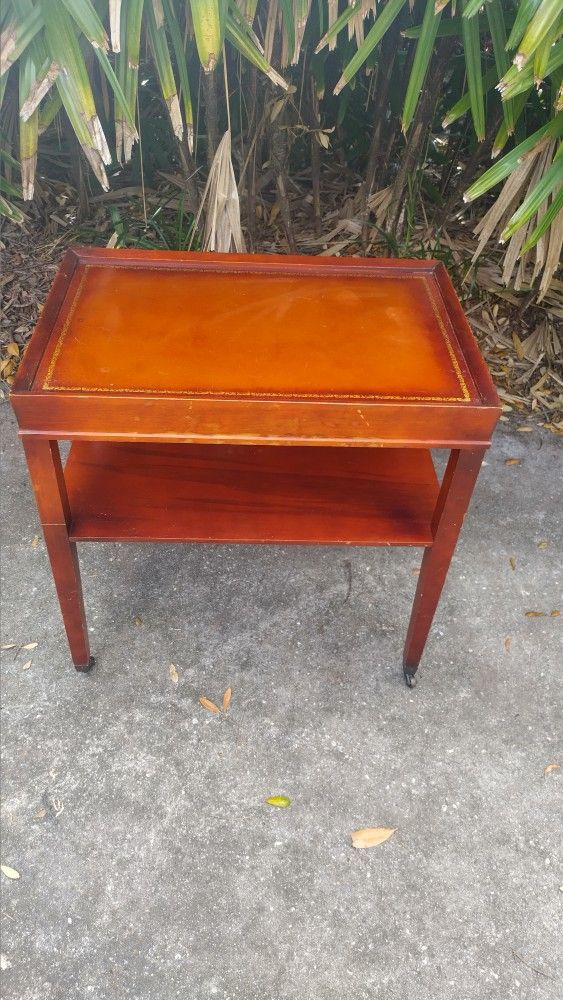 Retro Middle Century Leather Top Table On The Wheels