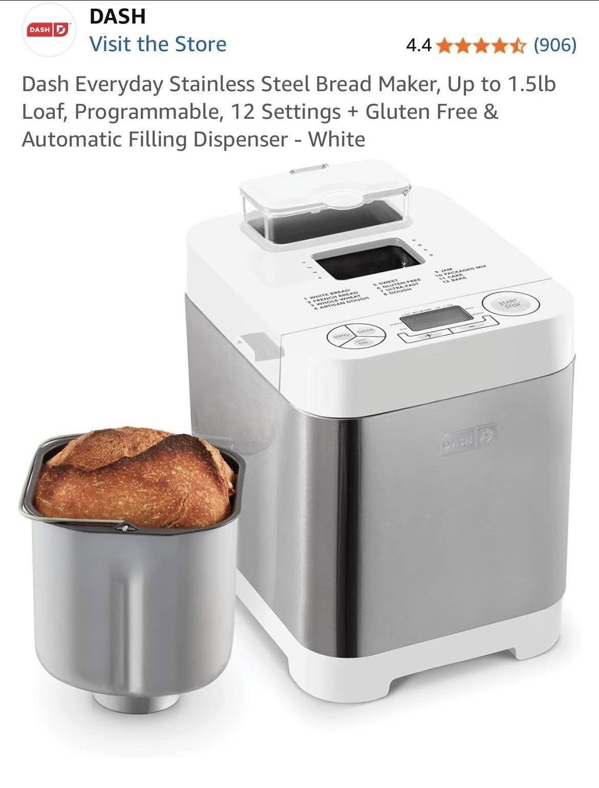 Dash Stainless Steel Bread Maker, Up to 1.5lb Loaf, White