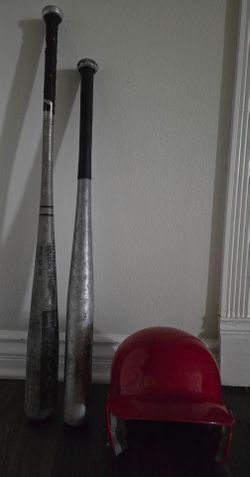 Two Aluminum Baseball Bats and Red Batting Helmet