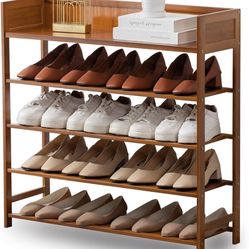Bamboo Shoe Rack Organizer, 5 Tier Shoe Shelf Storage Organizer, for Entryway, Hallway, and Closet (Brown-31.5)