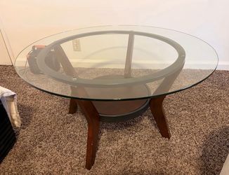 Round Glass Top Coffee Table with Wood Base
