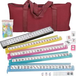American Mahjong Set 166 Tiles, 4 Colors All-in-One Rack/Pushers, Red Soft Bag and Accessories –Classic Full Size Complete Mahjong Set.
