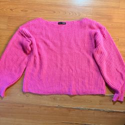 SHEIN Hot Pink Chunky Ribbed Knit Sweater Boat Neck Drop Shoulder Cropped Sz L