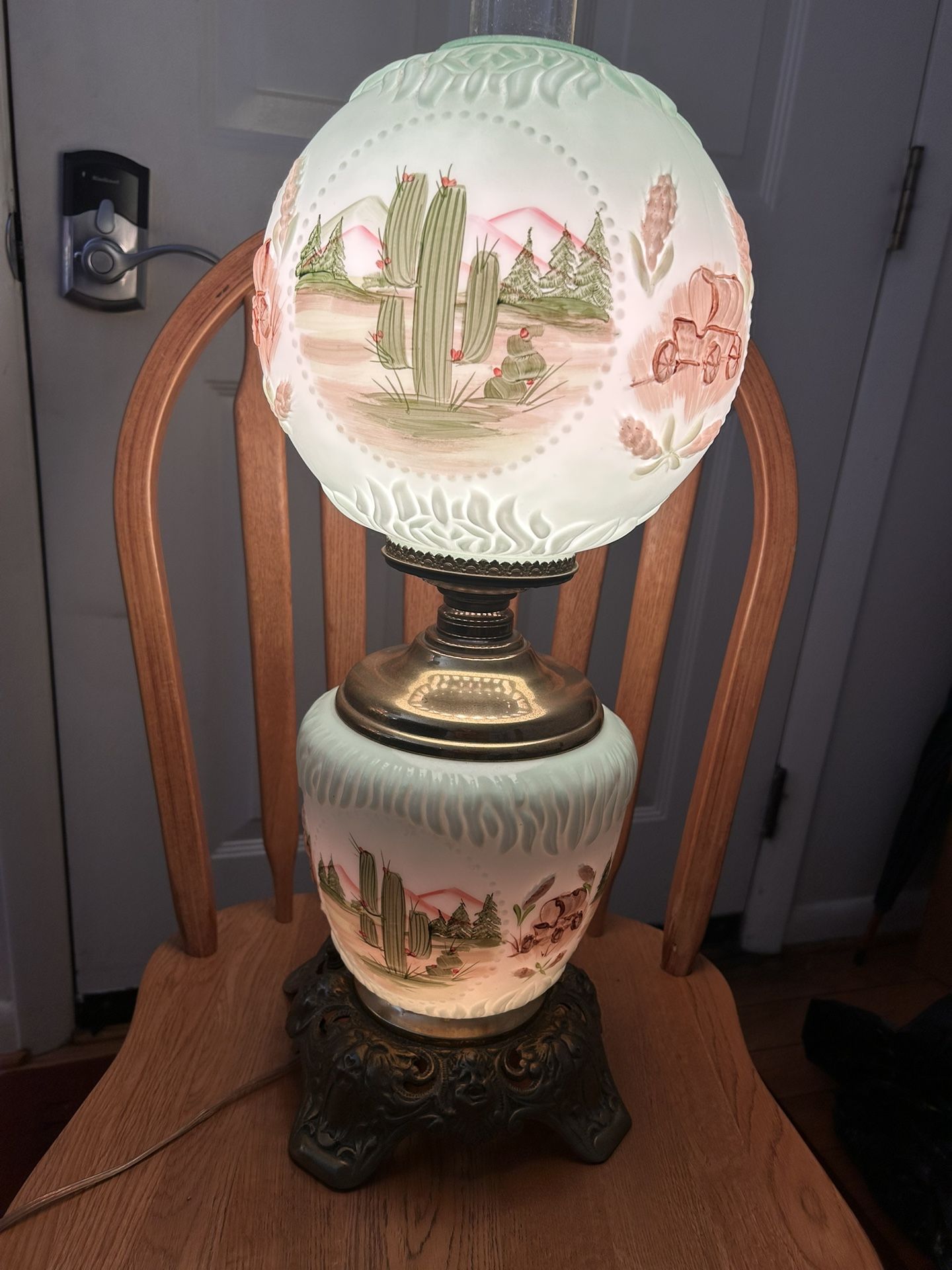 RARE-Antique Jadeite Green Glass GWTW Very RARE Hurricane Lamp, 3 Way Electric