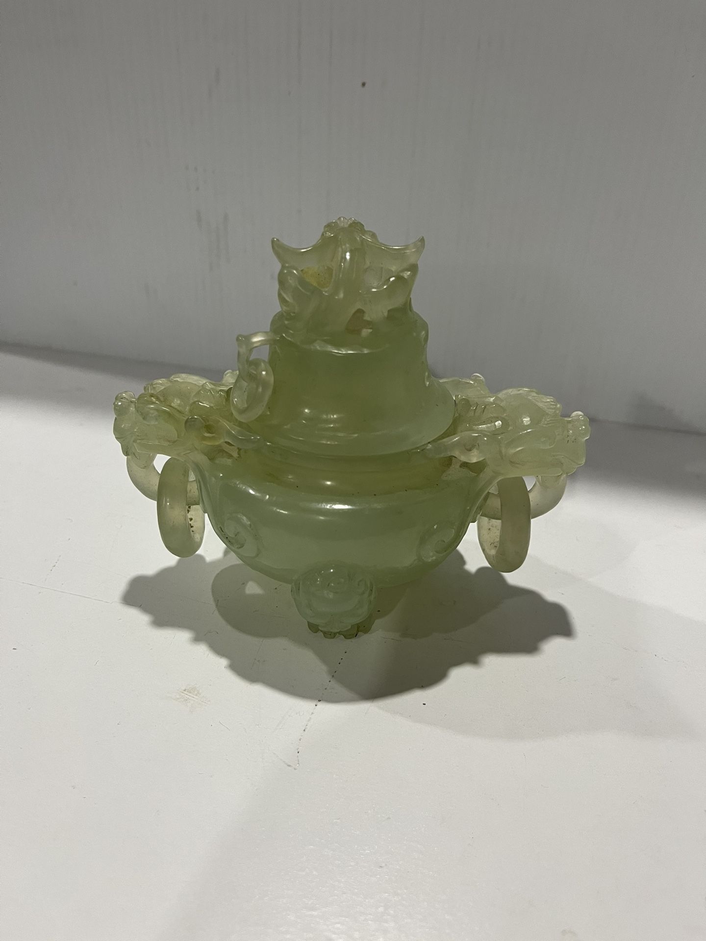 Chinese Green Jade with Dragon Mask Handles Incense Burner - 1 Handle Missing