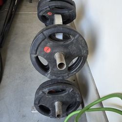 Bumper Plates 45s 35s 25s 10s 5s W/ Bar & Rack