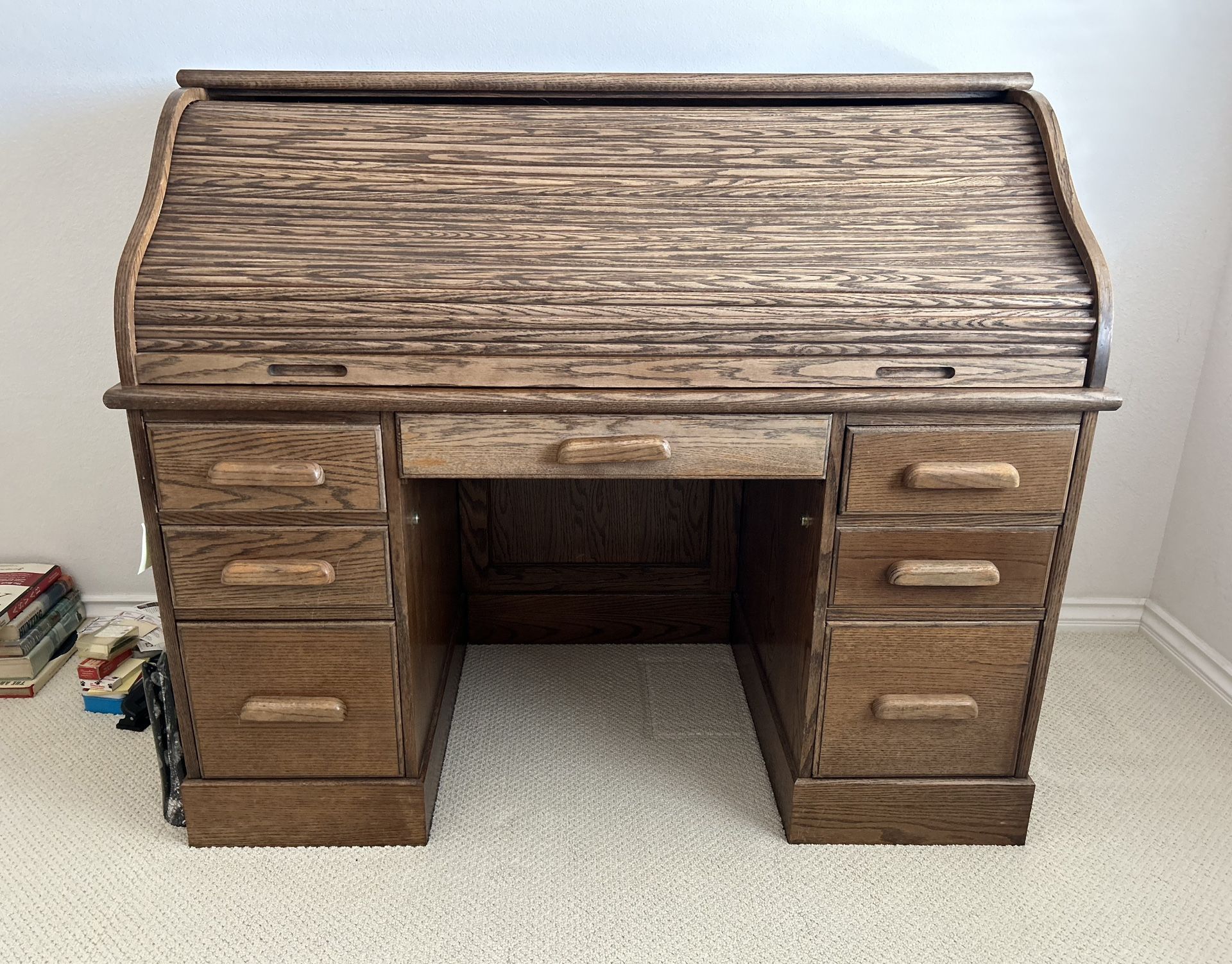 Vintage Solid Wood Oak Roll Top Executive Desk - Home office Organizer Desk