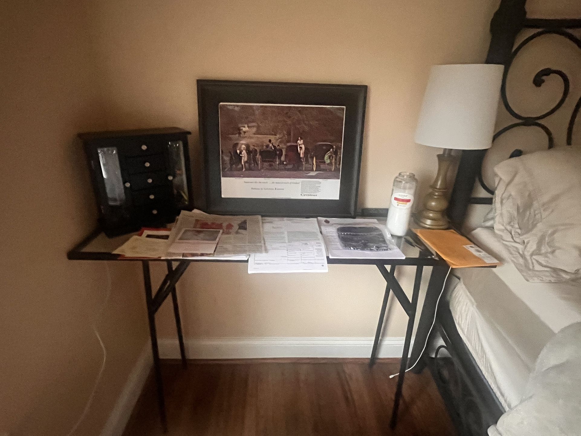 Small Glass And Metal Table Used As Small Writing Desk 