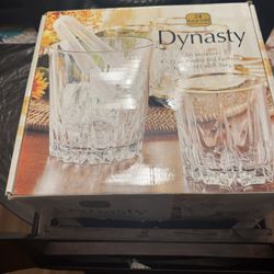 DYNASTY 4x 12oz DOUBLE OLD FASHION GLASSES ICE BUCKET & TONGS 24KT GOLD TRIM