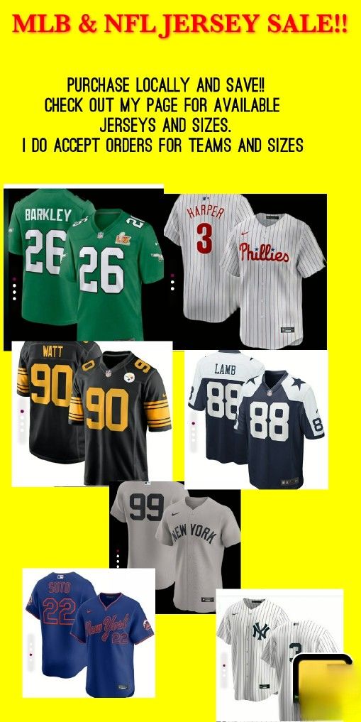 SALE!! NEW, NFL & MLB JERSEYS , BUY LOCAL AND SAVE