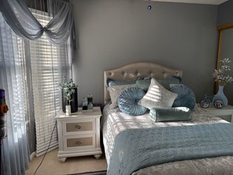 Tan, full size bed with mattress included