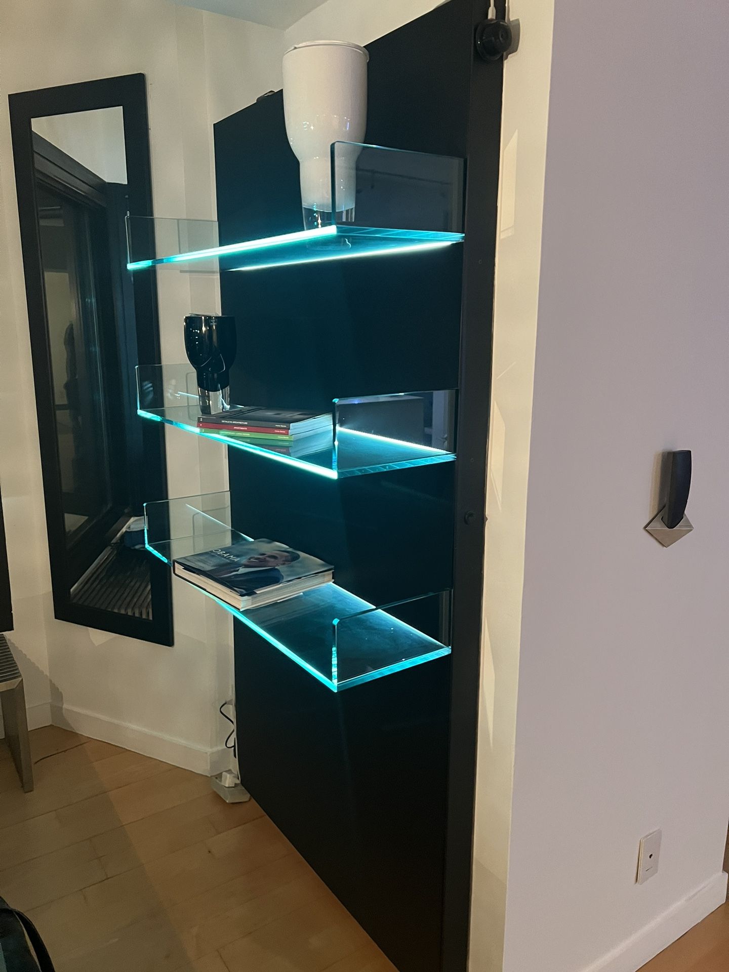 Designer lighted, glass shelf