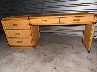 Vintage Rattan Bamboo Desk with 5 Drawers – Wicker Writing Table