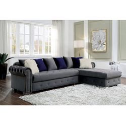 Grey Velvet Button Turfed Sectional Pillows Included Nailhead Trim Accents Chrome Legs Brand New In Box Firm Price $1,380
