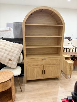 73" H Large Arched Bookshelf，5-Tier Arch Bookcase with Doors，Mid Century Modern Book Shelf with Drawers，Wood Bookshelf w/Open Display Shelves for Livi