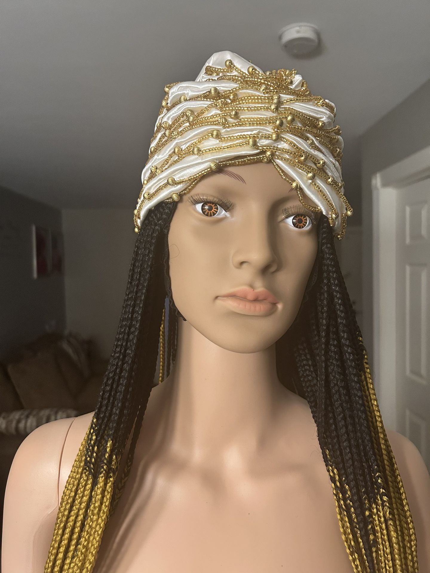 White With Gold Bead Turban
