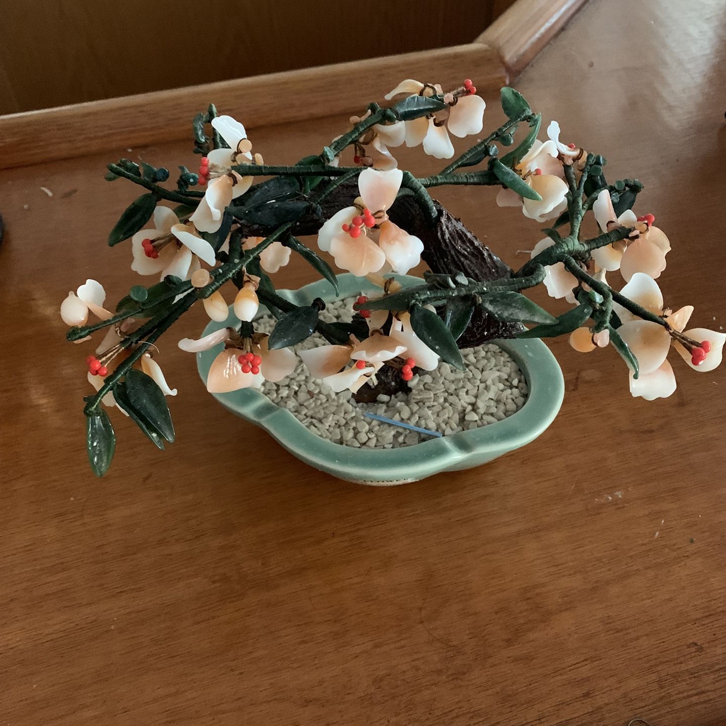 DECORATIVE GLASS AND JADE CHERRY BLOSSOM BONSAI TREE IN A CERAMIC POT . 7 1/2 “ TALL FLOWERS 9 1/2” W. FOR SALE IN MIAMI BEACH