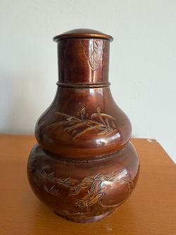 Vintage Copper Gourd Tea Lead Container with Engraved Floral Design