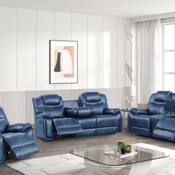 3 Piece Blue Oversized Reclining Living Room