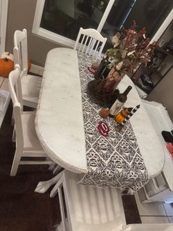 White Distressed Dining Table with Chairs and bench