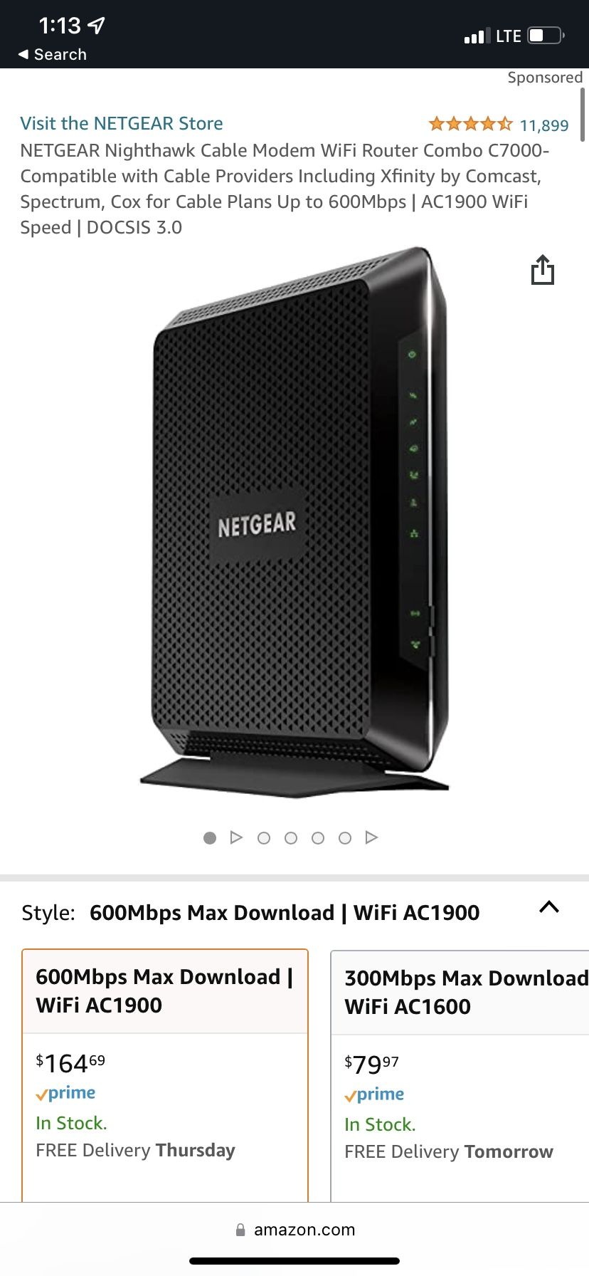 NETGEAR Nighthawk Cable Modem WiFi Router Combo C7000-Compatible with Cable Providers Including Xfinity by Comcast, Spectrum, Cox for Cable Plans Up t