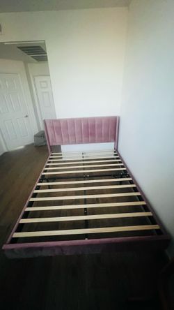 Pink Velvet Channel Tufted Queen Bed Frame