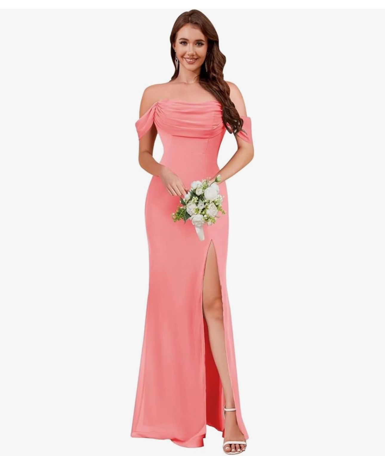 NEW Coral Off The Shoulder Bridesmaid Dresses for Women Long Chiffon Formal Evening Dress with Slit