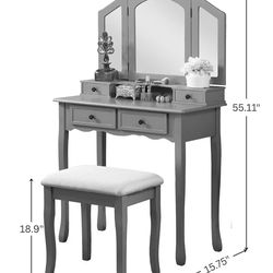 Makeup Vanity Desk with Tri-fold Mirror with  stool
