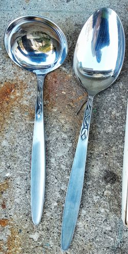 Amefa stainless mid century Danish modern tulip time ladel + serving spoon pair