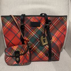 Beautiful DOONEY & BOURKE Red Multicolor Plaid Leather Handbag/Shoulder Bag