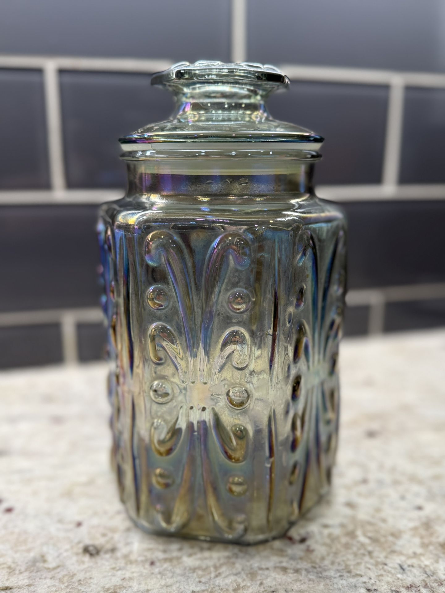 Vintage Iridescent Glass Apothecary Jar with Lid – Pressed Floral Design