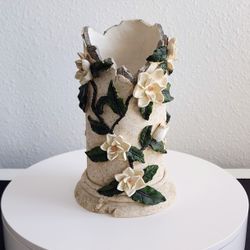Vintage Ceramic Beige & Green  Flower Vase