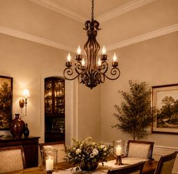 Large 9-Light Tuscan Heavy Metal Bronze Chandelier 34” H