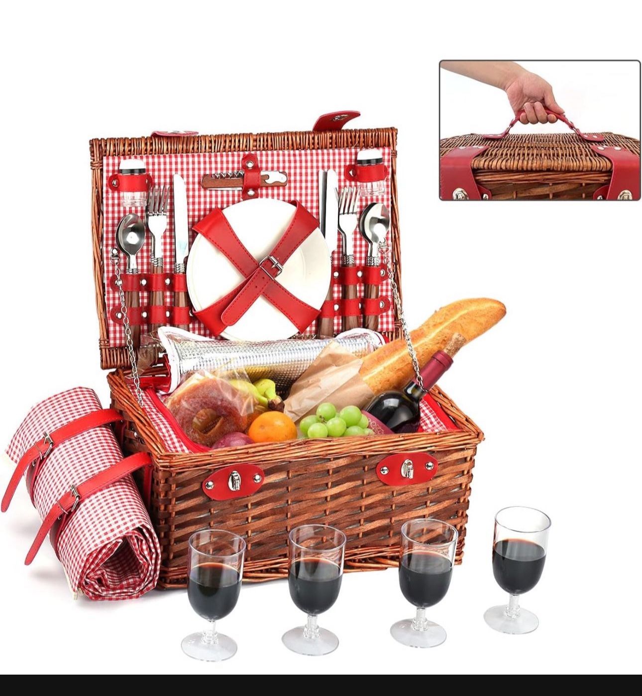 Picnic Basket Set for 4 Person - (Top Handle) Picnic Hamper Cutlery Set Include Large Insulated Cooler Bag and Waterproof Picnic Blanket, Willow Picni