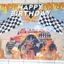 Monster Truck Theme Happy Birthday Backdrop. Monster Truck Theme Party.