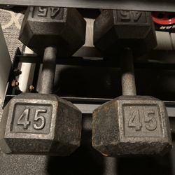 Pair Of 45 Lb Steel Cast Iron Hex Dumbbells