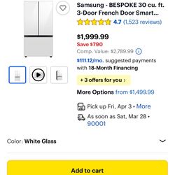 Samsung - BESPOKE 30 cu. ft. 3-Door French Door Smart Refrigerator with Beverage Center - White Glass