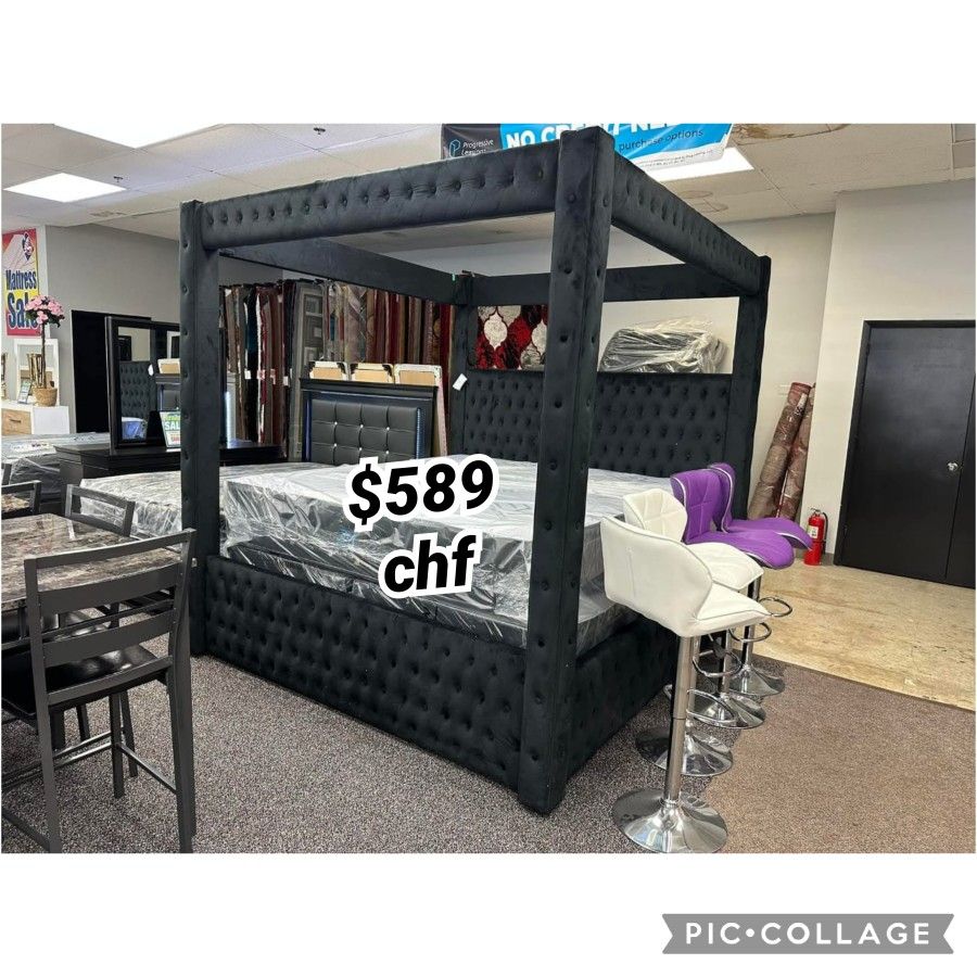 Black Queen Size Canopy Bed Frame - Mattress Sold Separately