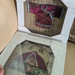 2 Black Wooden Framed Japanese / Silk Kimono  / Hat  Miniature Shadow Box ( each $20)