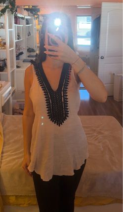 Sleeveless V-Neck Crochet Trim Tunic in Beige