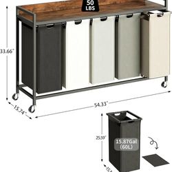 Laundry Hamper with Shelf, Laundry Basket 5 Section, Laundry Sorter with Pull-Out Removable Large 5 Color Bags and Movable Wheels, Metal Frame, 5 x 15