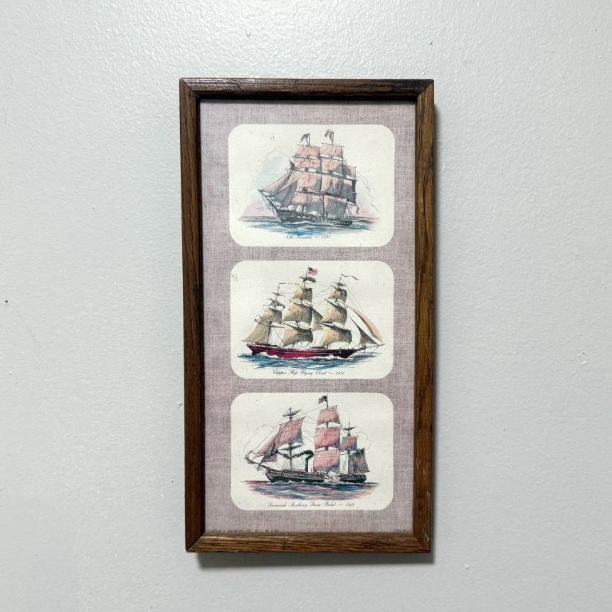 Vintage Arthur A Kaplan Co 3 Caravel Boat Ship Lithograph Print Framed In Wood And Glass House Decor