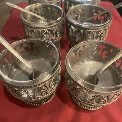 Set of six pewter ice cream cups with glass and spoons included the metal has antique style finish