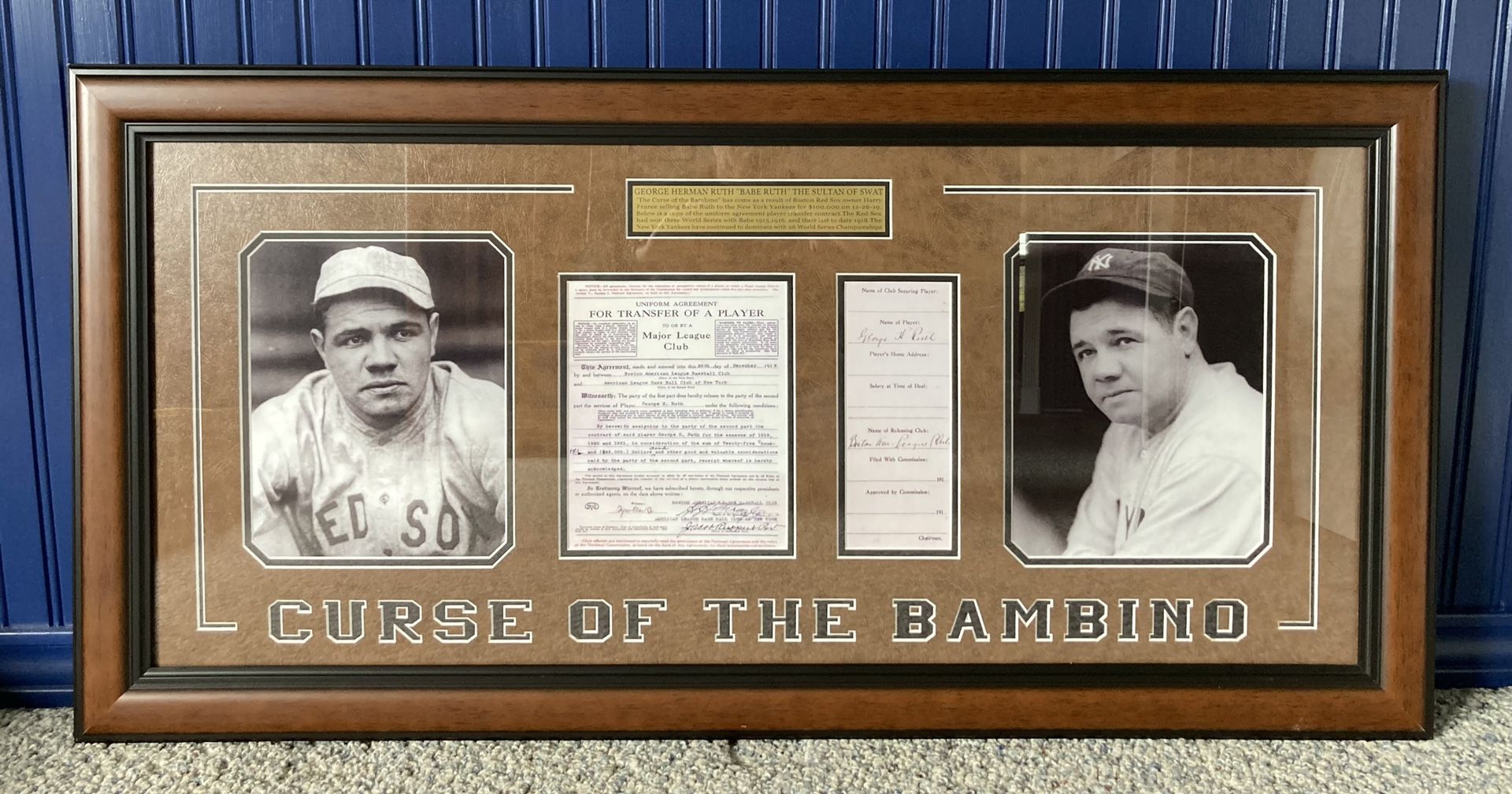 Vintage 1991 Babe Ruth “Curse Of The Bambino” Reproduction Red Sox NY Yankees Certification of Authenticity