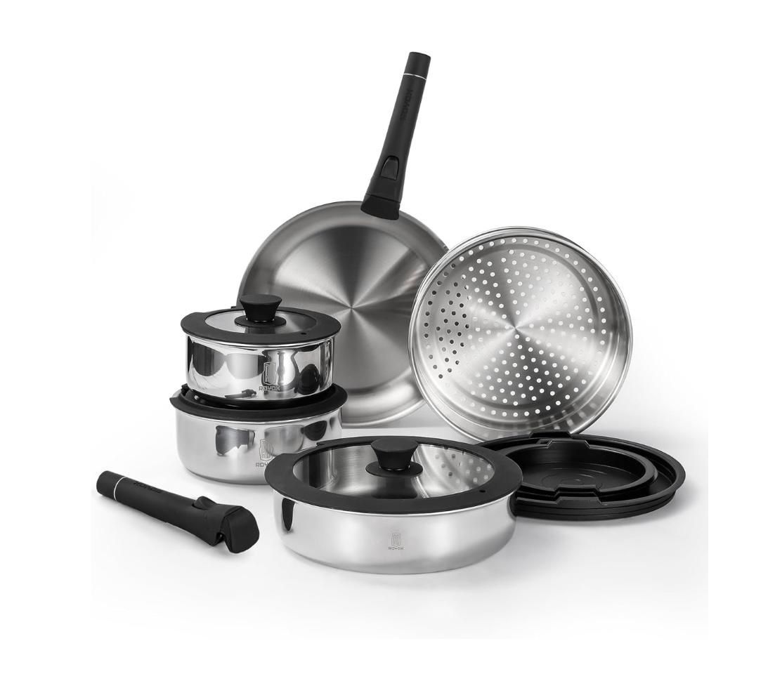 ROYDX16 PCS Pots and Pans Set,18/10 Stainless Steel Cookware Set with Adjustable Detachable Handles for RV,home Dishwasher Safe and Oven Safe