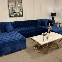 Navy Blue , Cream , White Velvet Double Chaise Sectional  // Sofa,  Loveseat,  Chair, Dining Room Set,  Bedroom Furniture Set ✨️ Next Day Delivery 
