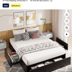 Amolife Full Size Faux Leather Platform Bed Frame with 3 Storage Drawers, Black