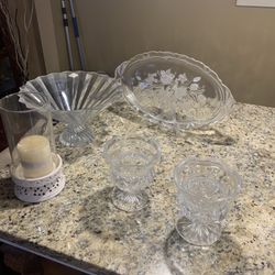 In Excellent Condition Glass Wear 5 Pieces 3 Candle Holders A Bowl And Plate