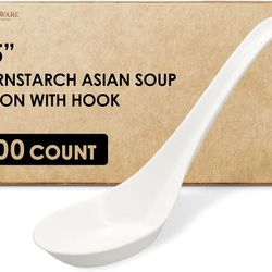 HAKOWARE 6.5” Crystallized Cornstarch Disposable Asian Soup Spoons with Hook