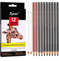 Dyvicl Colored Charcoal Pencils Drawing Set, 12 Pieces Black White